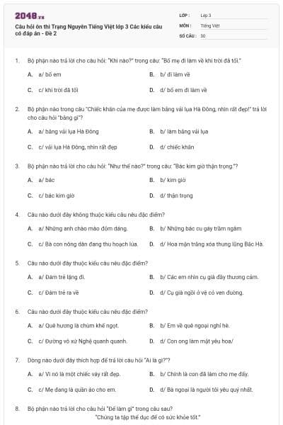 Câu hỏi ôn thi Trạng Nguyên Tiếng Việt lớp 3 Các kiểu câu có đáp án - Đề 2