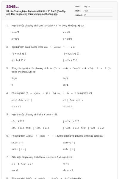 81 câu Trắc nghiệm Đại số và Giải tích 11 Bài 3 (Có đáp án): Một số phương trình lượng giác thường gặp