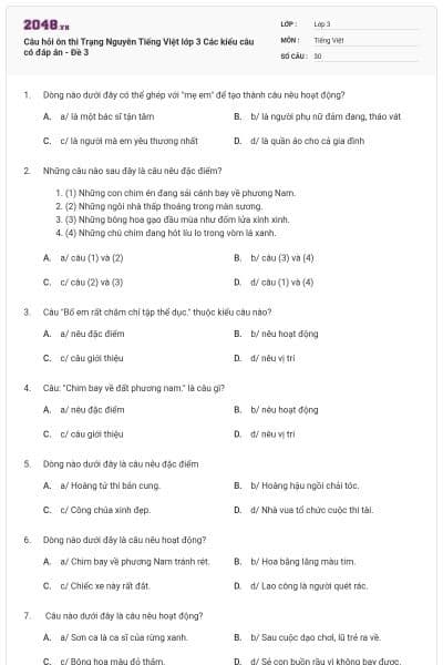 Câu hỏi ôn thi Trạng Nguyên Tiếng Việt lớp 3 Các kiểu câu có đáp án - Đề 3