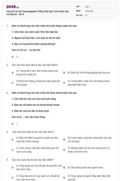 Câu hỏi ôn thi Trạng Nguyên Tiếng Việt lớp 3 Các kiểu câu có đáp án - Đề 4