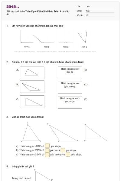 Bài tập cuối tuần Toán lớp 4 Kết nối tri thức Tuần 4 có đáp án