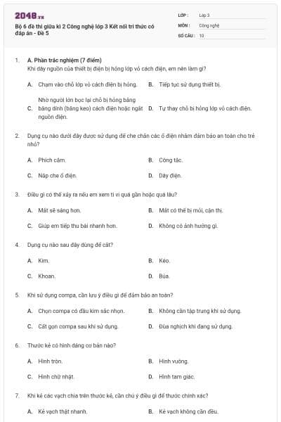 Bộ 6 đề thi giữa kì 2 Công nghệ lớp 3 Kết nối tri thức có đáp án - Đề 5