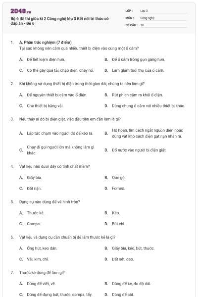 Bộ 6 đề thi giữa kì 2 Công nghệ lớp 3 Kết nối tri thức có đáp án - Đề 6