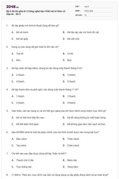 Bộ 6 đề thi giữa kì 2 Công nghệ lớp 4 Kết nối tri thức có đáp án - Đề 5