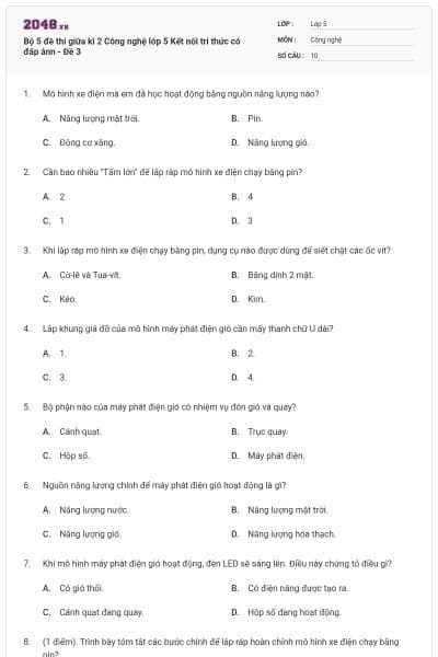 Bộ 5 đề thi giữa kì 2 Công nghệ lớp 5 Kết nối tri thức có đáp ánn - Đề 3