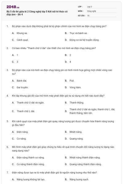 Bộ 5 đề thi giữa kì 2 Công nghệ lớp 5 Kết nối tri thức có đáp ánn - Đề 4