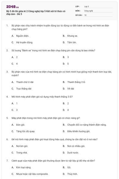 Bộ 5 đề thi giữa kì 2 Công nghệ lớp 5 Kết nối tri thức có đáp ánn - Đề 5