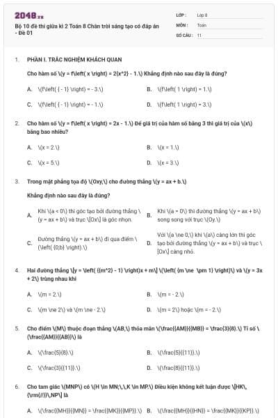 Bộ 10 đề thi giữa kì 2 Toán 8 Chân trời sáng tạo có đáp án - Đề 01