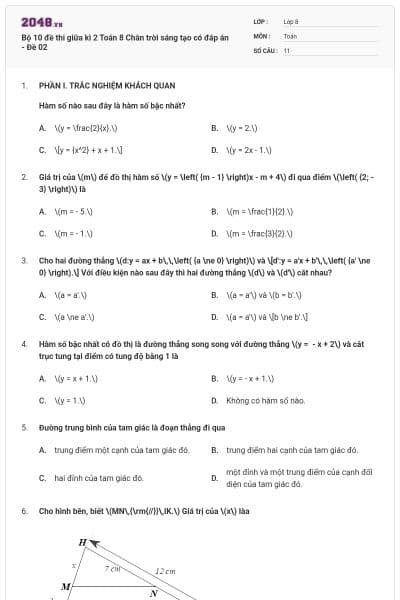 Bộ 10 đề thi giữa kì 2 Toán 8 Chân trời sáng tạo có đáp án - Đề 02