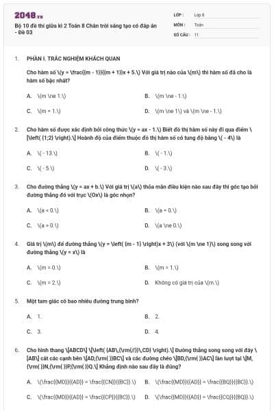Bộ 10 đề thi giữa kì 2 Toán 8 Chân trời sáng tạo có đáp án - Đề 03
