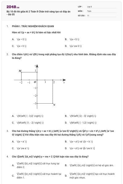 Bộ 10 đề thi giữa kì 2 Toán 8 Chân trời sáng tạo có đáp án - Đề 05