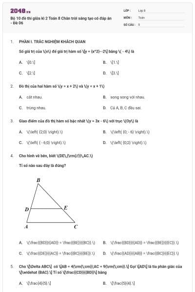 Bộ 10 đề thi giữa kì 2 Toán 8 Chân trời sáng tạo có đáp án - Đề 06