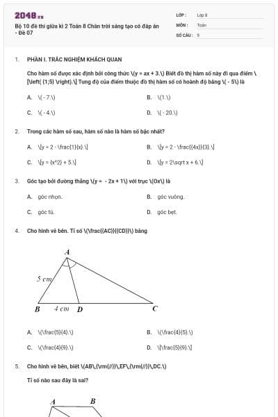 Bộ 10 đề thi giữa kì 2 Toán 8 Chân trời sáng tạo có đáp án - Đề 07