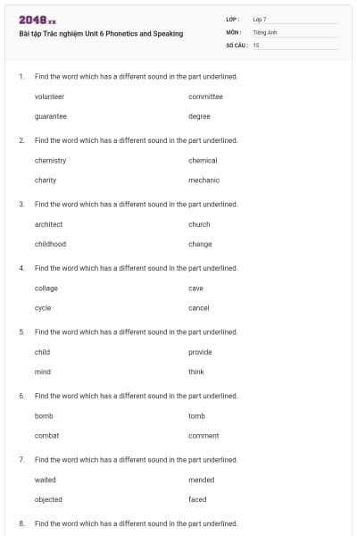 Bài tập Trắc nghiệm Unit 6 Phonetics and Speaking