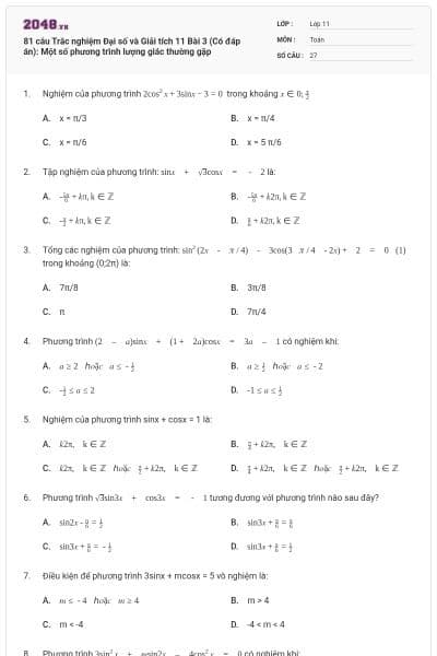 81 câu Trắc nghiệm Đại số và Giải tích 11 Bài 3 (Có đáp án): Một số phương trình lượng giác thường gặp