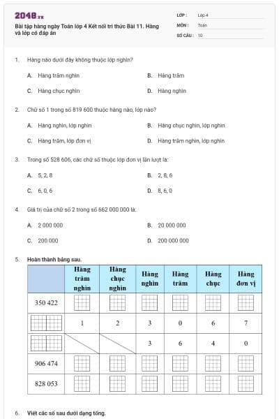 Bài tập hàng ngày Toán lớp 4 Kết nối tri thức Bài 11. Hàng và lớp có đáp án