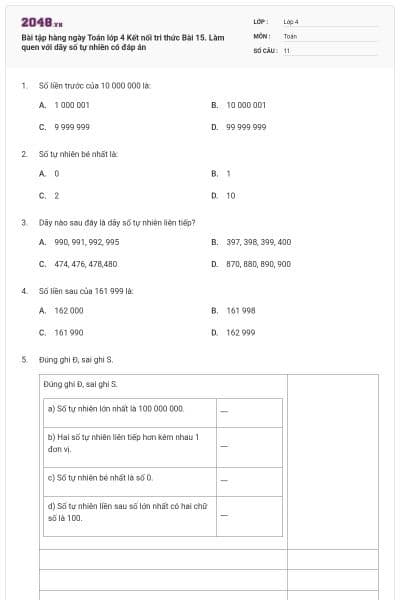 Bài tập hàng ngày Toán lớp 4 Kết nối tri thức Bài 15. Làm quen với dãy số tự nhiên có đáp án
