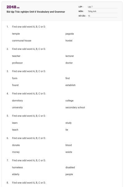 Bài tập Trắc nghiệm Unit 6 Vocabulary and Grammar