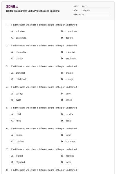 Bài tập Trắc nghiệm Unit 6 Phonetics and Speaking