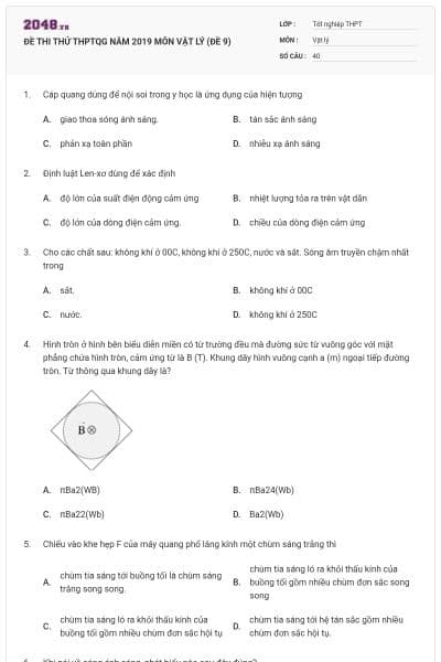 ĐỀ THI THỬ THPTQG NĂM 2019 MÔN VẬT LÝ (ĐỀ 9)