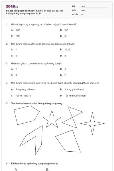 Bài tập hàng ngày Toán lớp 4 Kết nối tri thức Bài 29. Hai đường thẳng song song có đáp án
