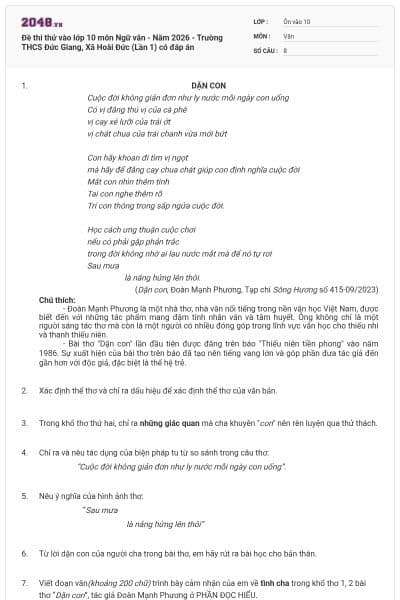 Đề thi thử vào lớp 10 môn Ngữ văn - Năm 2026 - Trường THCS Đức Giang, Xã Hoài Đức (Lần 1) có đáp án