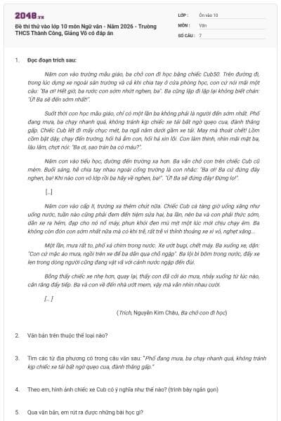 Đề thi thử vào lớp 10 môn Ngữ văn - Năm 2026 - Trường THCS Thành Công, Giảng Võ có đáp án