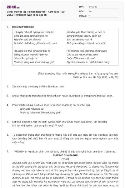 Đề thi thử vào lớp 10 môn Ngữ văn - Năm 2026 - Sở GD&ĐT Ninh Bình (Lần 1) có đáp án