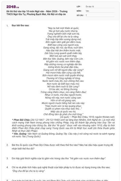 Đề thi thử vào lớp 10 môn Ngữ văn - Năm 2026 - Trường THCS Ngô Gia Tự, Phường Bạch Mai, Hà Nội có đáp án