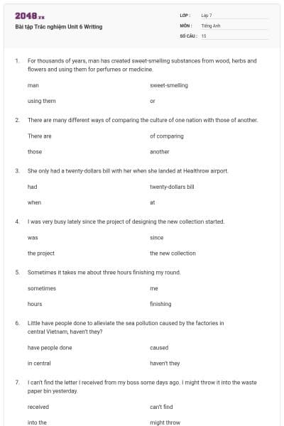 Bài tập Trắc nghiệm Unit 6 Writing