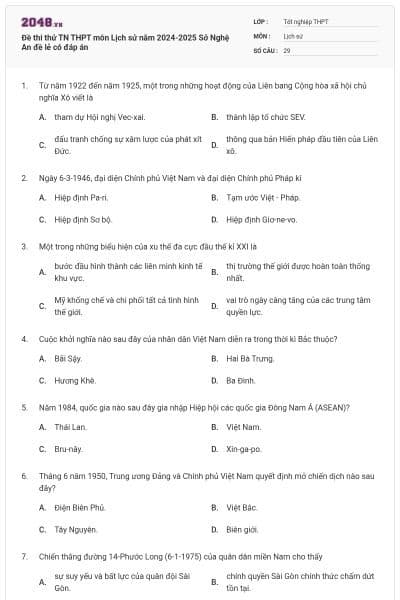 Đề thi thử TN THPT môn Lịch sử năm 2024-2025 Sở Nghệ An đề lẻ có đáp án