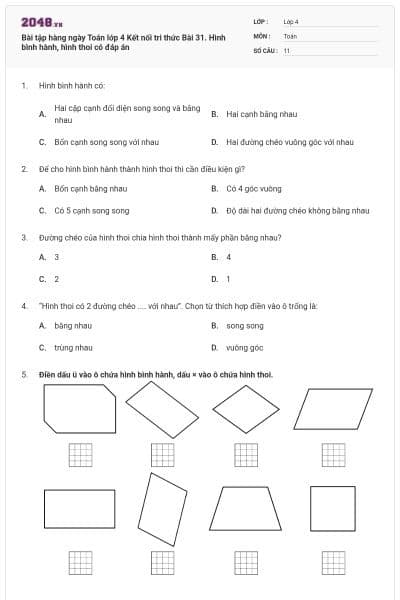 Bài tập hàng ngày Toán lớp 4 Kết nối tri thức Bài 31. Hình bình hành, hình thoi có đáp án