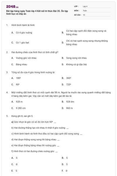 Bài tập hàng ngày Toán lớp 4 Kết nối tri thức Bài 35. Ôn tập hình học có đáp án