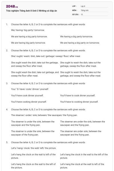 Trắc nghiệm Tiếng Anh 8 Unit 3 Writing có đáp án