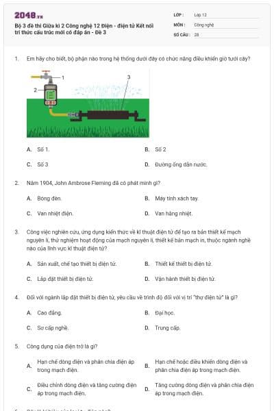 Bộ 3 đề thi Giữa kì 2 Công nghệ 12 Điện - điện tử Kết nối tri thức cấu trúc mới có đáp án - Đề 3