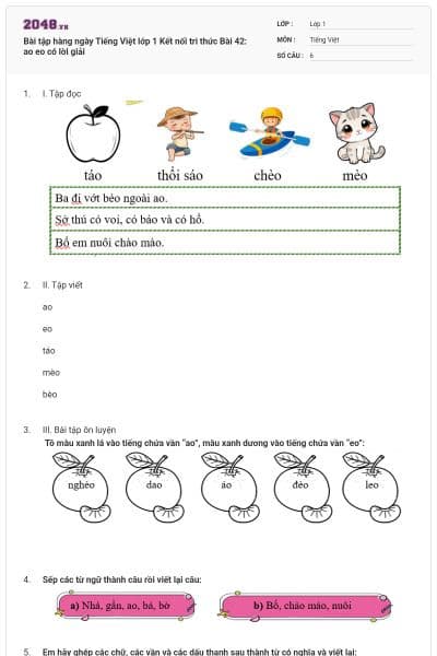 Bài tập hàng ngày Tiếng Việt lớp 1 Kết nối tri thức Bài 42: ao eo có lời giải