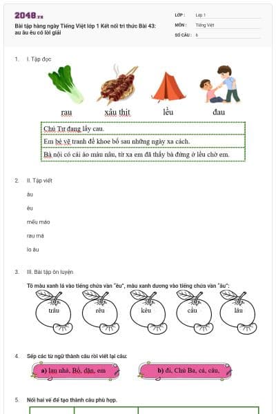 Bài tập hàng ngày Tiếng Việt lớp 1 Kết nối tri thức Bài 43: au âu êu có lời giải