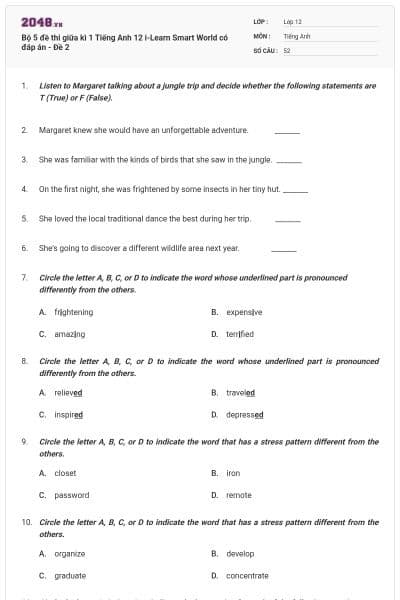 Bộ 5 đề thi giữa kì 1 Tiếng Anh 12 i-Learn Smart World có đáp án - Đề 2
