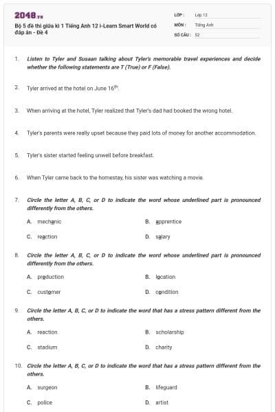 Bộ 5 đề thi giữa kì 1 Tiếng Anh 12 i-Learn Smart World có đáp án - Đề 4