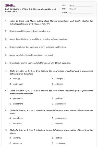 Bộ 5 đề thi giữa kì 1 Tiếng Anh 12 i-Learn Smart World có đáp án - Đề 5