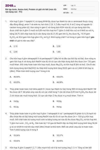 Bài tập Amin, Amino Axit, Protein có giải chi tiết (mức độ vận dụng cao - P2)