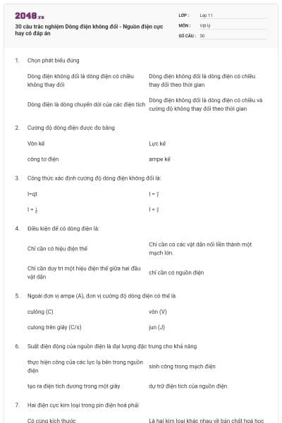 30 câu trắc nghiệm Dòng điện không đổi - Nguồn điện cực hay có đáp án