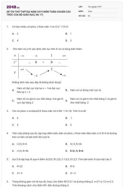 ĐỀ THI THỬ THPTQG NĂM 2019 MÔN TOÁN CHUẨN CẤU TRÚC CỦA BỘ GIÁO DỤC( Đề 17)
