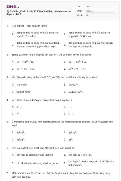 Bộ 3 đề thi giữa kì 2 Hóa 12 Kết nối tri thức cấu trúc mới có đáp án - Đề 3