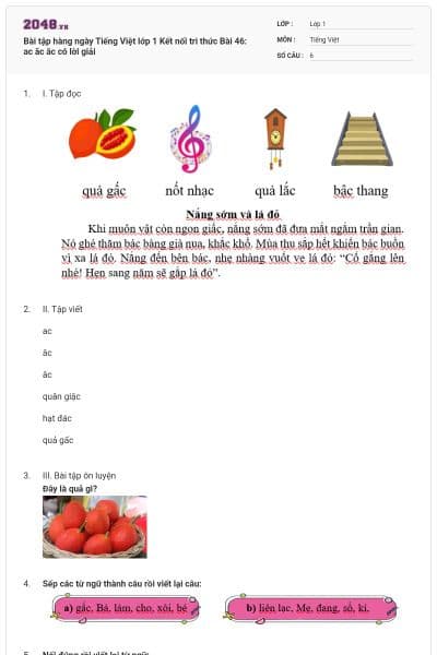 Bài tập hàng ngày Tiếng Việt lớp 1 Kết nối tri thức Bài 46: ac ăc âc có lời giải