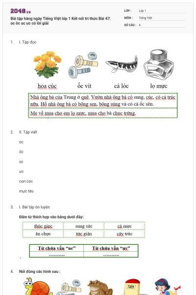 Bài tập hàng ngày Tiếng Việt lớp 1 Kết nối tri thức Bài 47: oc ôc uc ưc có lời giải