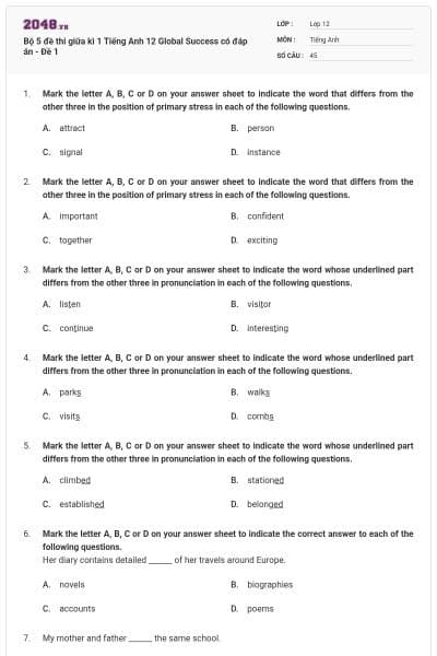 Bộ 5 đề thi giữa kì 1 Tiếng Anh 12 Global Success có đáp án - Đề 1