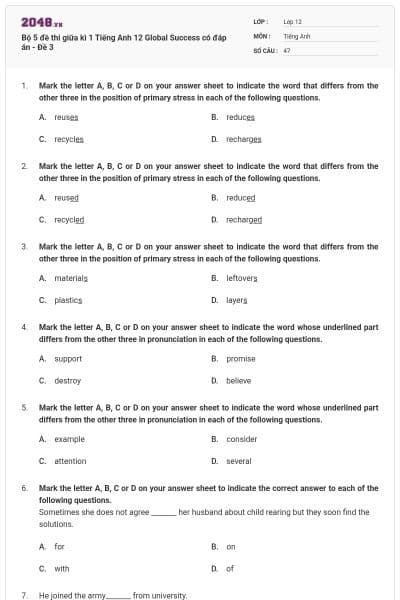 Bộ 5 đề thi giữa kì 1 Tiếng Anh 12 Global Success có đáp án - Đề 3