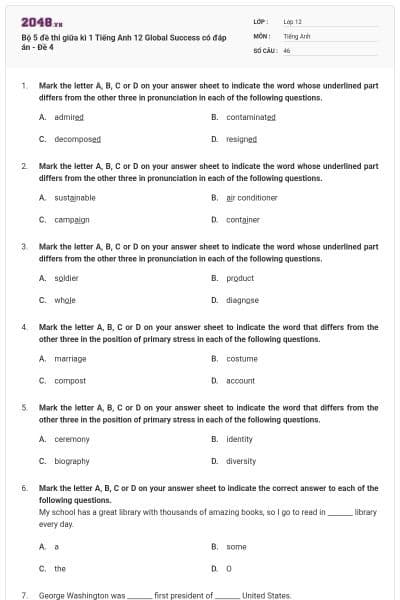 Bộ 5 đề thi giữa kì 1 Tiếng Anh 12 Global Success có đáp án - Đề 4