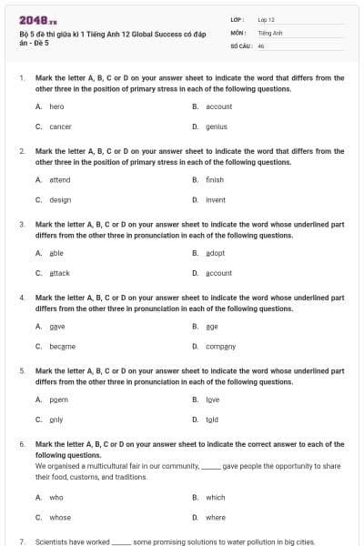 Bộ 5 đề thi giữa kì 1 Tiếng Anh 12 Global Success có đáp án - Đề 5